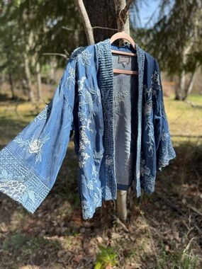 Johnny Was Blue Embroidered Kimono Cardigan